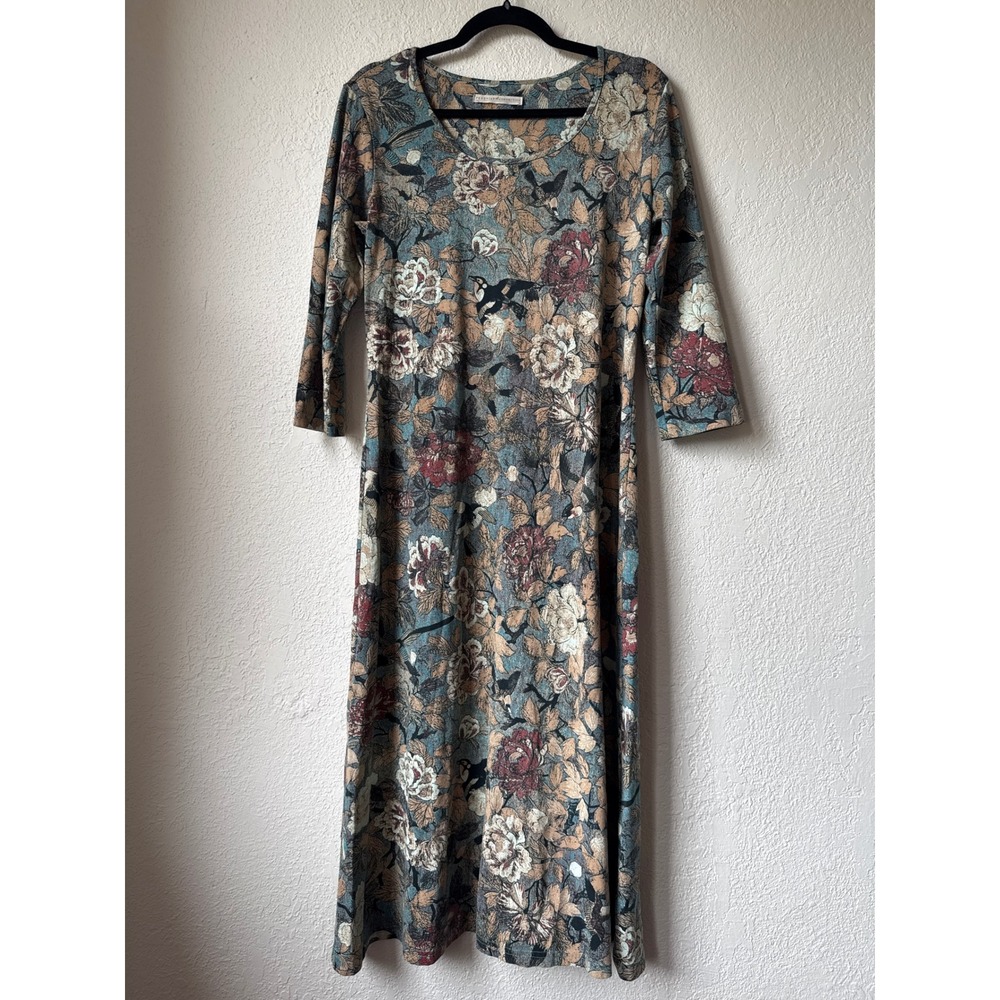 Peruvian Connection Floral Bird Print Midi Dress Teal Cream Tan Rust 3/4 Sleeve